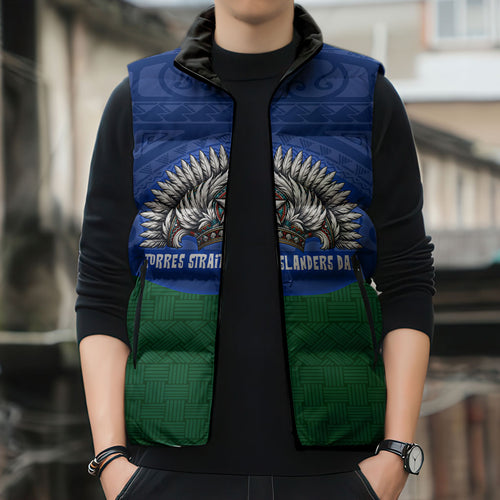 Torres Strait Islanders Day Traditional Dhari Headdress Sleeveless Puffer Jacket Indigenous Australian Tribal Weaving Pattern Culture
