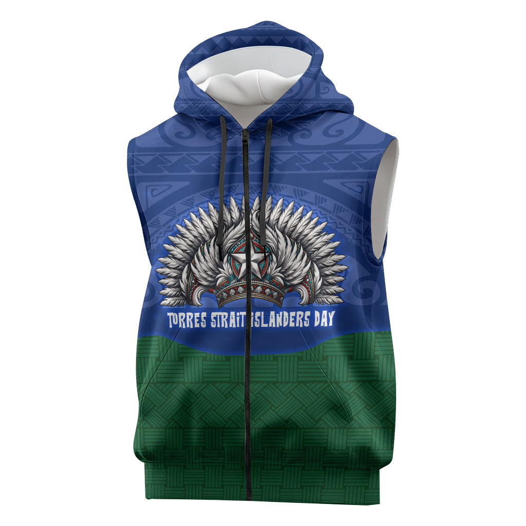 Torres Strait Islanders Day Traditional Dhari Headdress Sleeveless Zip Hoodie Indigenous Australian Tribal Weaving Pattern Culture