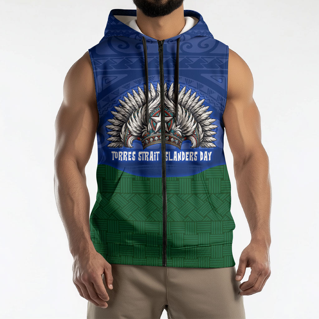 Torres Strait Islanders Day Traditional Dhari Headdress Sleeveless Zip Hoodie Indigenous Australian Tribal Weaving Pattern Culture