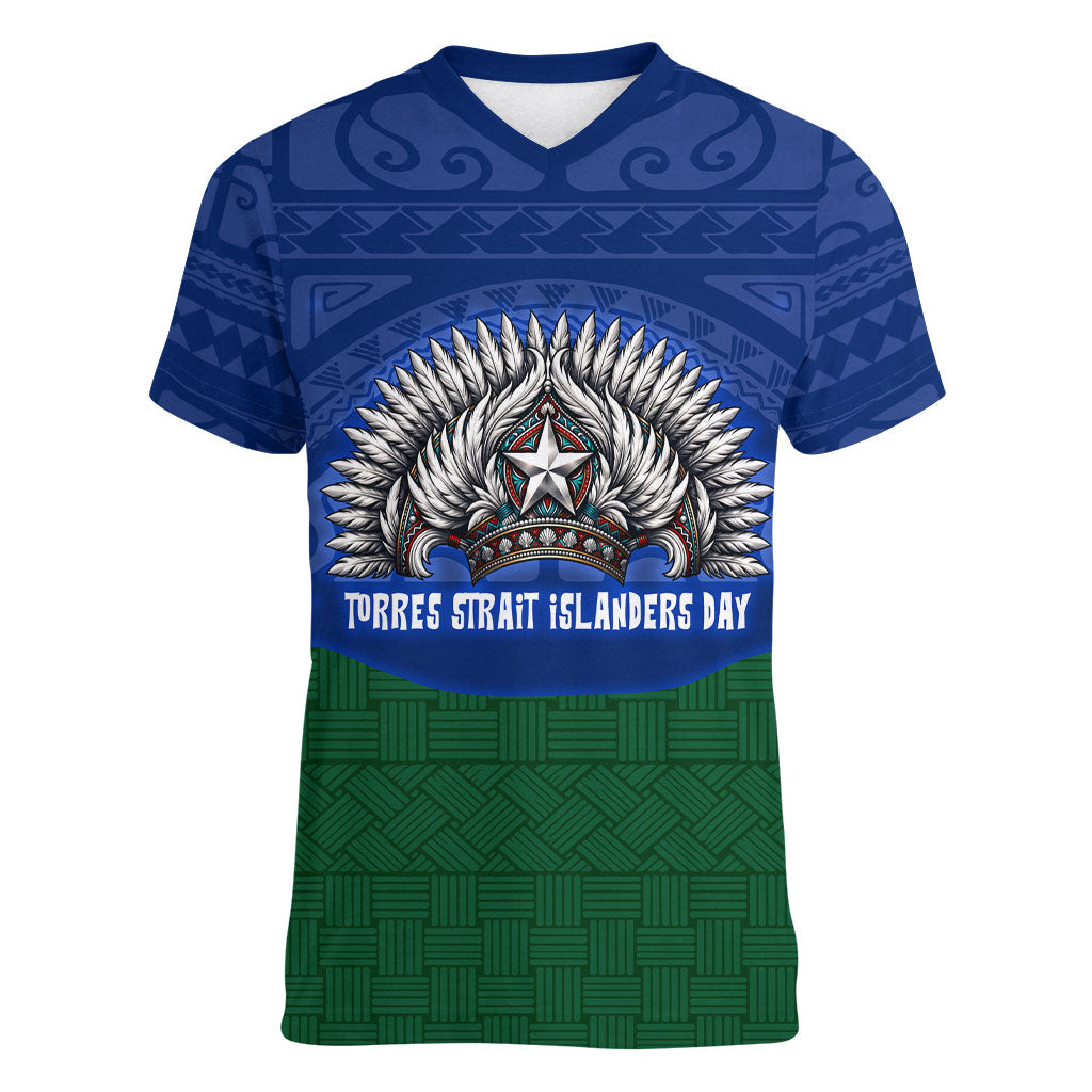Torres Strait Islanders Day Traditional Dhari Headdress Women V-Neck T-Shirt Indigenous Australian Tribal Weaving Pattern Culture