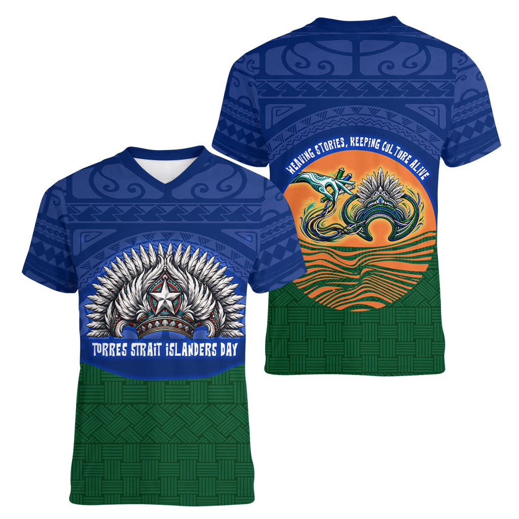 Torres Strait Islanders Day Traditional Dhari Headdress Women V-Neck T-Shirt Indigenous Australian Tribal Weaving Pattern Culture