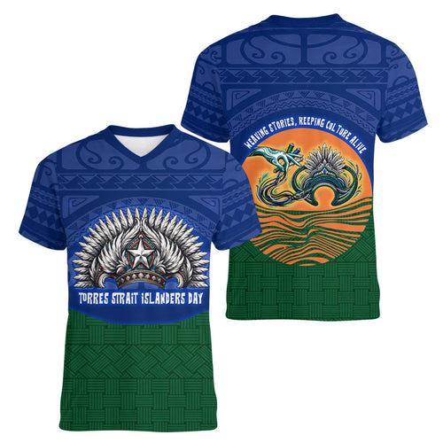 Torres Strait Islanders Day Traditional Dhari Headdress Women V-Neck T-Shirt Indigenous Australian Tribal Weaving Pattern Culture