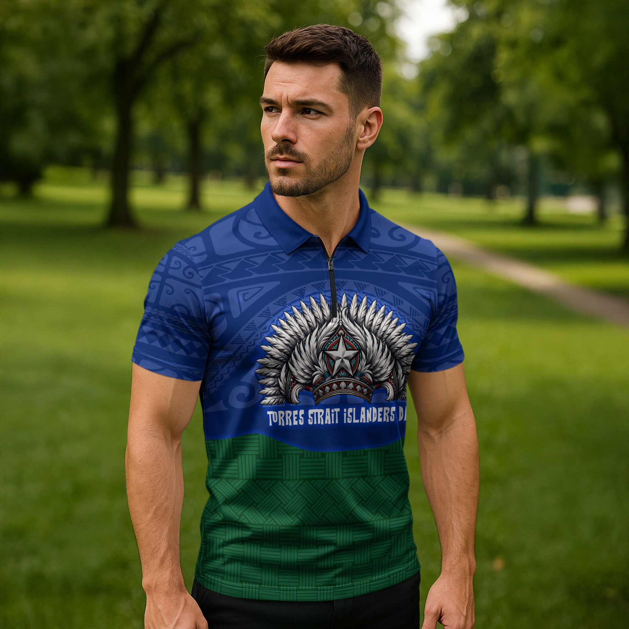 Torres Strait Islanders Day Traditional Dhari Headdress Zipper Polo Shirt Indigenous Australian Tribal Weaving Pattern Culture