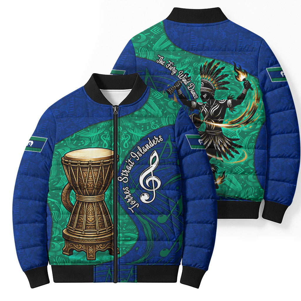 Torres Strait Islanders Fiery Wind Dance Drum Bomber Puffer Jacket Indigenous Australian Tribal Warrior Musical Culture Art