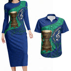 Torres Strait Islanders Fiery Wind Dance Drum Couples Matching Long Sleeve Bodycon Dress and Hawaiian Shirt Indigenous Australian Tribal Warrior Musical Culture Art