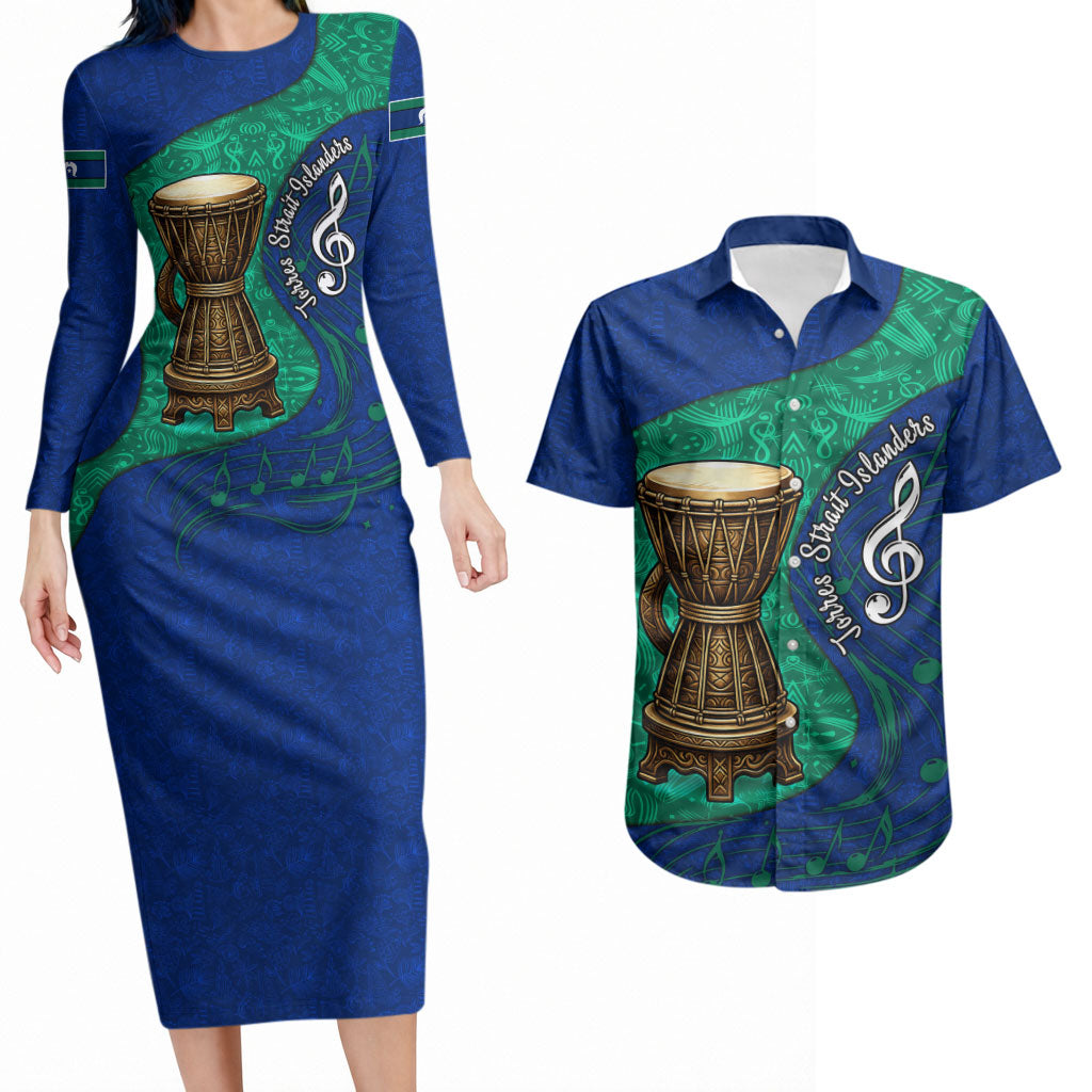 Torres Strait Islanders Fiery Wind Dance Drum Couples Matching Long Sleeve Bodycon Dress and Hawaiian Shirt Indigenous Australian Tribal Warrior Musical Culture Art