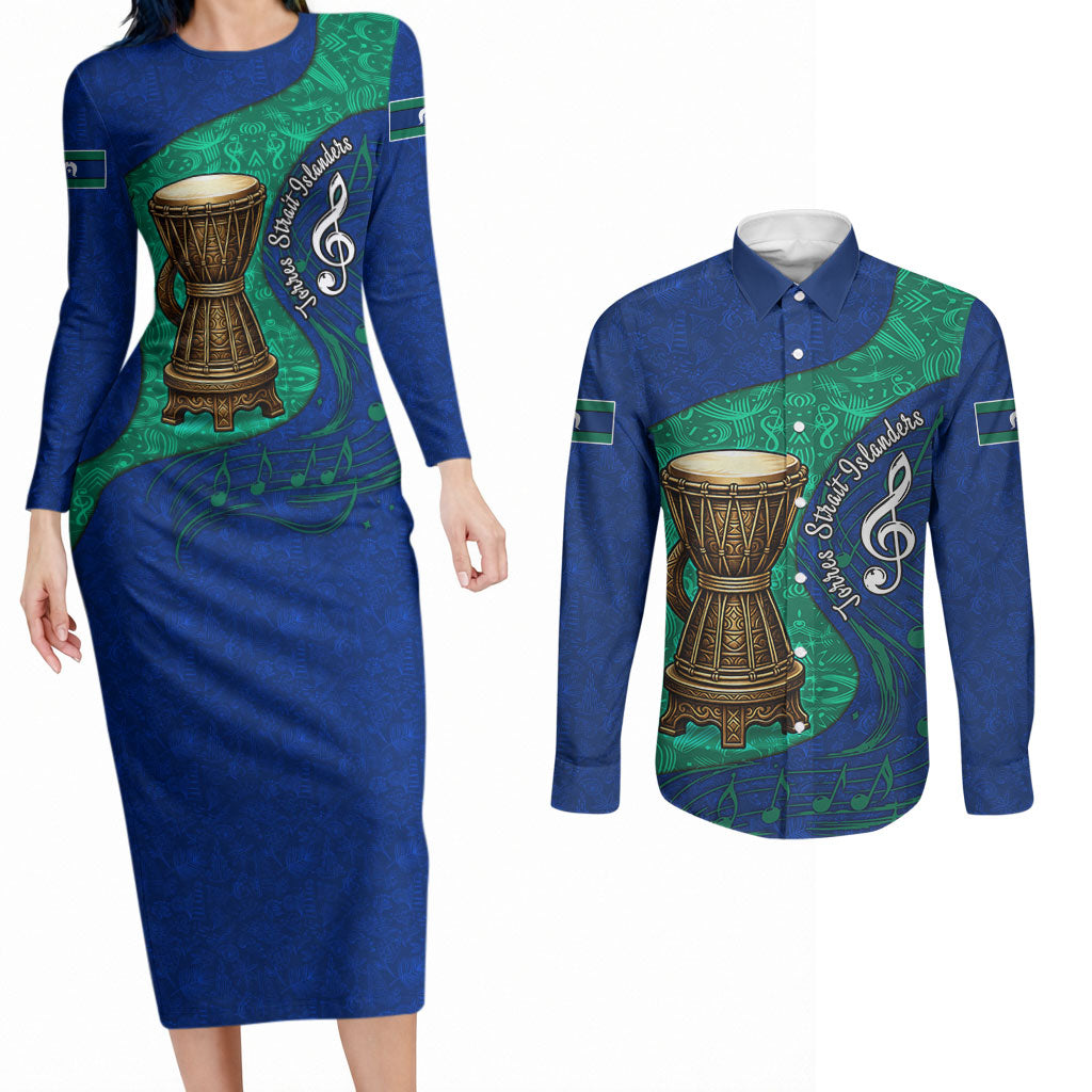 Torres Strait Islanders Fiery Wind Dance Drum Couples Matching Long Sleeve Bodycon Dress and Long Sleeve Button Shirt Indigenous Australian Tribal Warrior Musical Culture Art