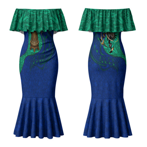 Torres Strait Islanders Fiery Wind Dance Drum Couples Matching Mermaid Dress and Hawaiian Shirt Indigenous Australian Tribal Warrior Musical Culture Art