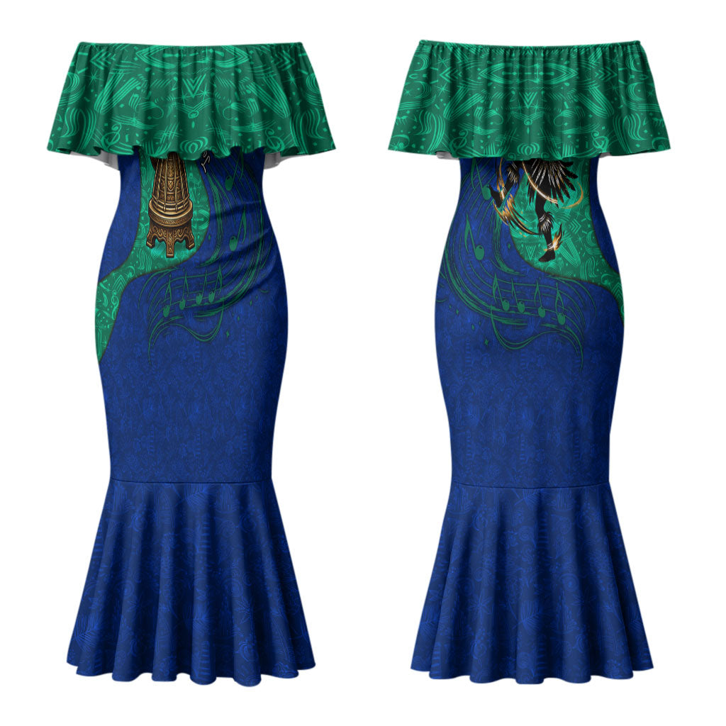 Torres Strait Islanders Fiery Wind Dance Drum Couples Matching Mermaid Dress and Long Sleeve Button Shirt Indigenous Australian Tribal Warrior Musical Culture Art