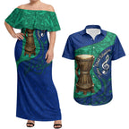 Torres Strait Islanders Fiery Wind Dance Drum Couples Matching Off Shoulder Maxi Dress and Hawaiian Shirt Indigenous Australian Tribal Warrior Musical Culture Art