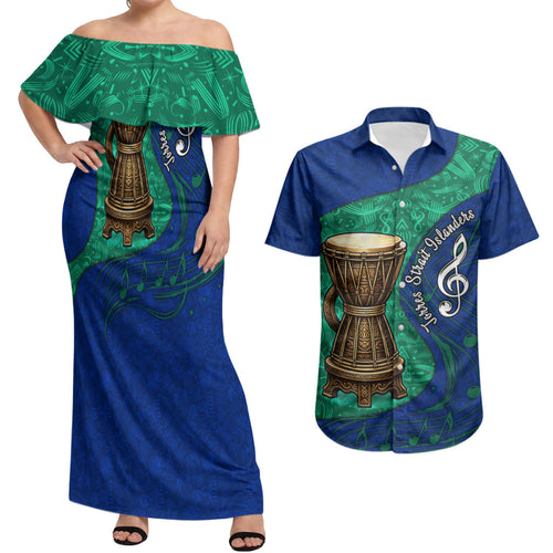 Torres Strait Islanders Fiery Wind Dance Drum Couples Matching Off Shoulder Maxi Dress and Hawaiian Shirt Indigenous Australian Tribal Warrior Musical Culture Art