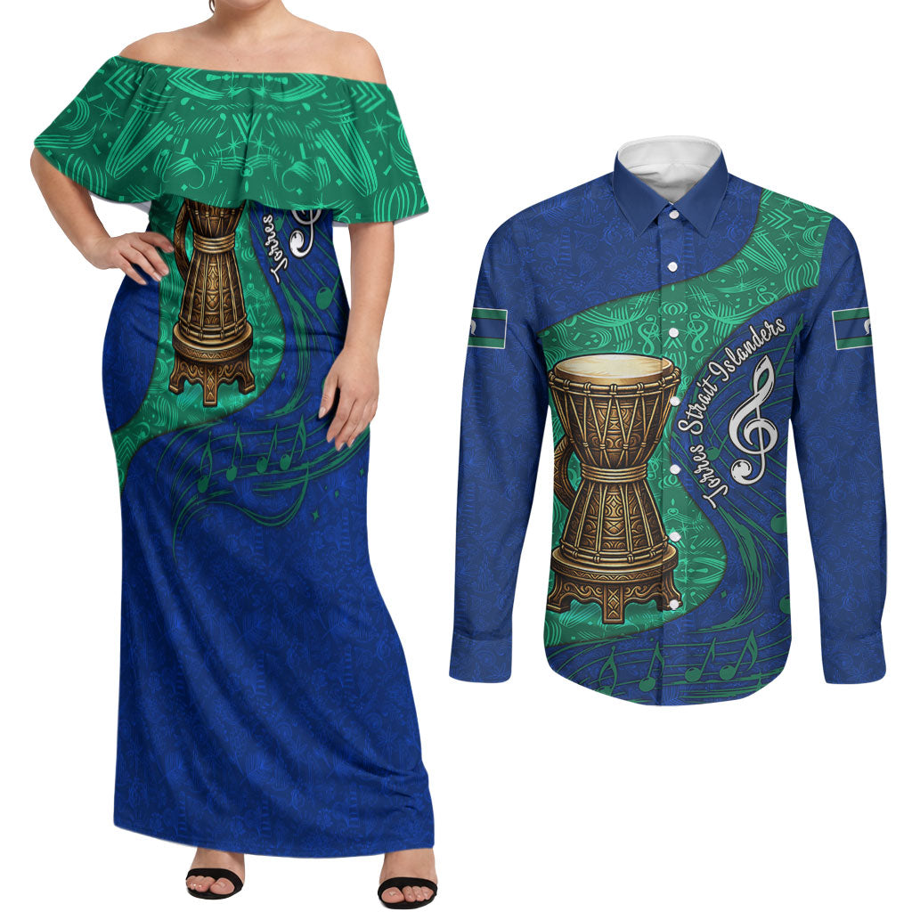 Torres Strait Islanders Fiery Wind Dance Drum Couples Matching Off Shoulder Maxi Dress and Long Sleeve Button Shirt Indigenous Australian Tribal Warrior Musical Culture Art
