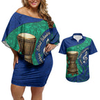 Torres Strait Islanders Fiery Wind Dance Drum Couples Matching Off Shoulder Short Dress and Hawaiian Shirt Indigenous Australian Tribal Warrior Musical Culture Art