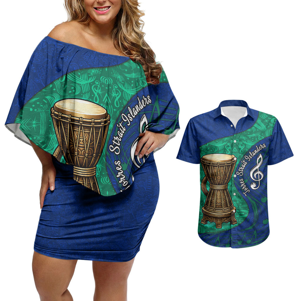 Torres Strait Islanders Fiery Wind Dance Drum Couples Matching Off Shoulder Short Dress and Hawaiian Shirt Indigenous Australian Tribal Warrior Musical Culture Art
