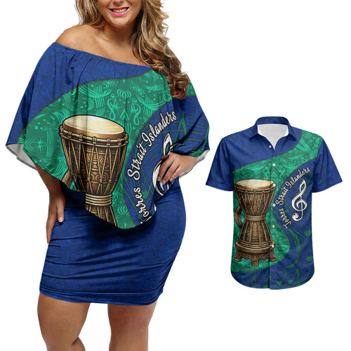 Torres Strait Islanders Fiery Wind Dance Drum Couples Matching Off Shoulder Short Dress and Hawaiian Shirt Indigenous Australian Tribal Warrior Musical Culture Art