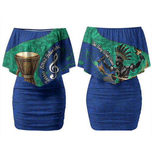 Torres Strait Islanders Fiery Wind Dance Drum Couples Matching Off Shoulder Short Dress and Hawaiian Shirt Indigenous Australian Tribal Warrior Musical Culture Art