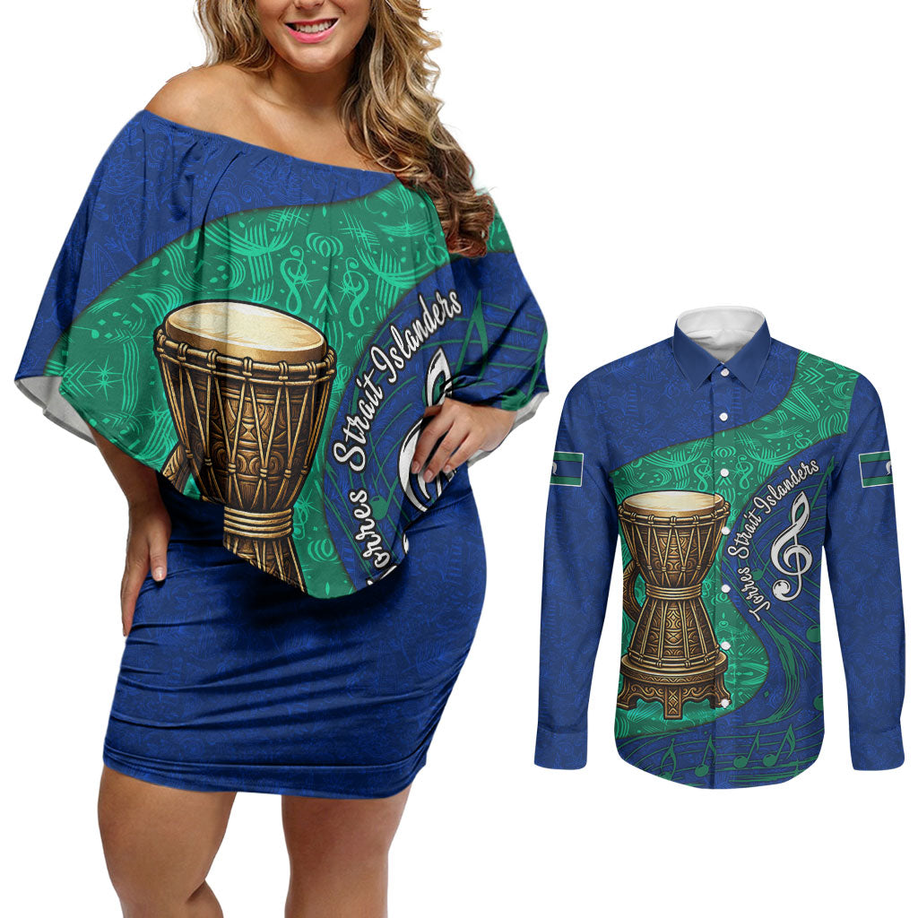 Torres Strait Islanders Fiery Wind Dance Drum Couples Matching Off Shoulder Short Dress and Long Sleeve Button Shirt Indigenous Australian Tribal Warrior Musical Culture Art