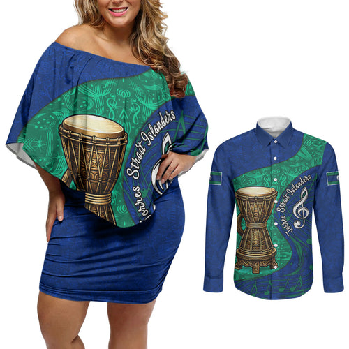 Torres Strait Islanders Fiery Wind Dance Drum Couples Matching Off Shoulder Short Dress and Long Sleeve Button Shirt Indigenous Australian Tribal Warrior Musical Culture Art