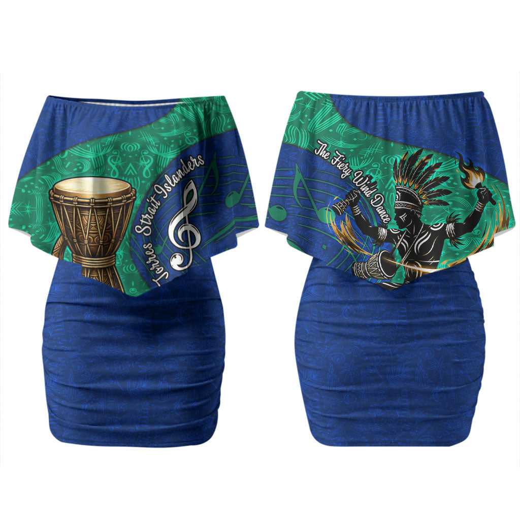Torres Strait Islanders Fiery Wind Dance Drum Couples Matching Off Shoulder Short Dress and Long Sleeve Button Shirt Indigenous Australian Tribal Warrior Musical Culture Art
