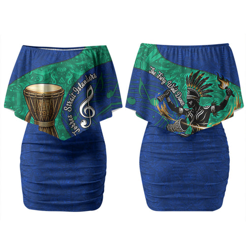 Torres Strait Islanders Fiery Wind Dance Drum Couples Matching Off Shoulder Short Dress and Long Sleeve Button Shirt Indigenous Australian Tribal Warrior Musical Culture Art