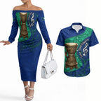 Torres Strait Islanders Fiery Wind Dance Drum Couples Matching Off The Shoulder Long Sleeve Dress and Hawaiian Shirt Indigenous Australian Tribal Warrior Musical Culture Art