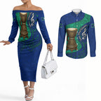 Torres Strait Islanders Fiery Wind Dance Drum Couples Matching Off The Shoulder Long Sleeve Dress and Long Sleeve Button Shirt Indigenous Australian Tribal Warrior Musical Culture Art