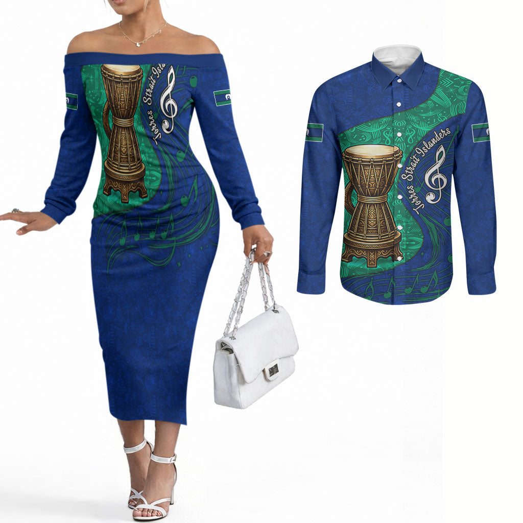 Torres Strait Islanders Fiery Wind Dance Drum Couples Matching Off The Shoulder Long Sleeve Dress and Long Sleeve Button Shirt Indigenous Australian Tribal Warrior Musical Culture Art