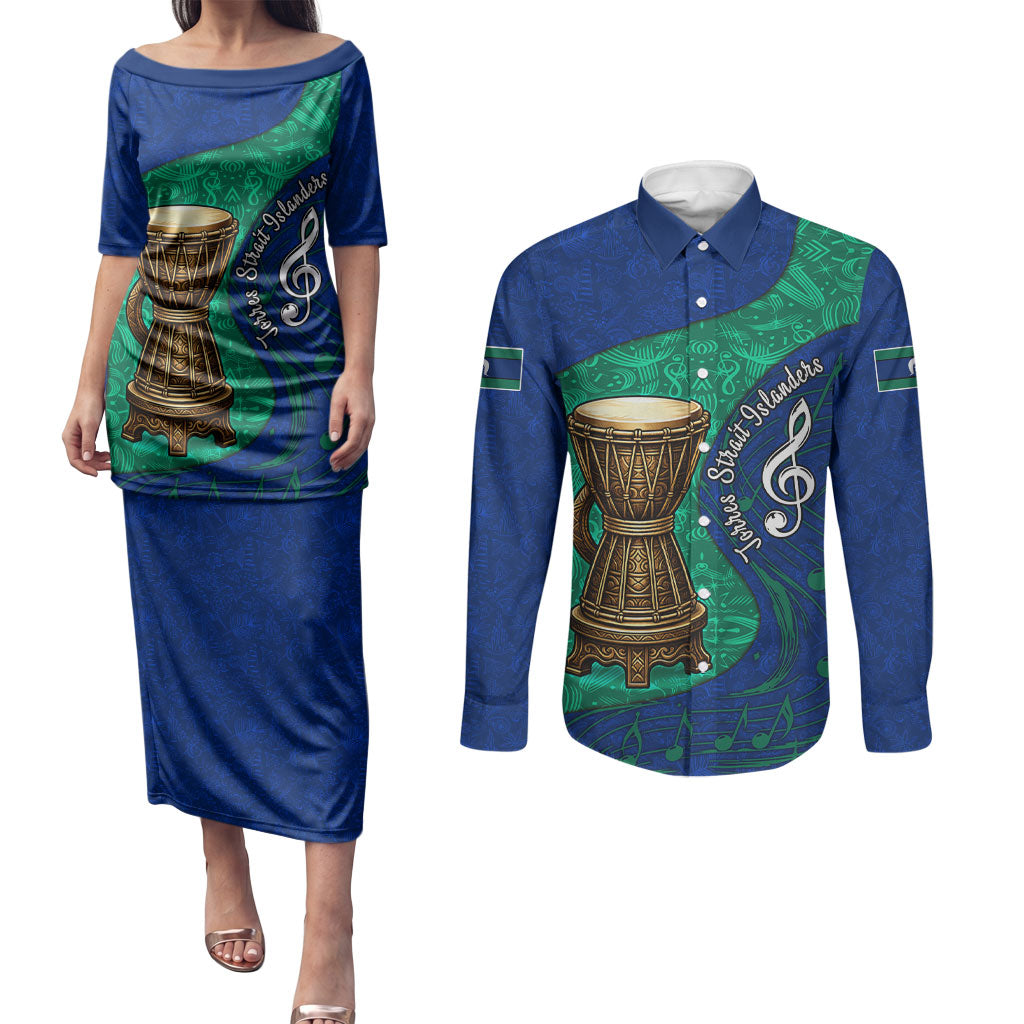Torres Strait Islanders Fiery Wind Dance Drum Couples Matching Puletasi and Long Sleeve Button Shirt Indigenous Australian Tribal Warrior Musical Culture Art