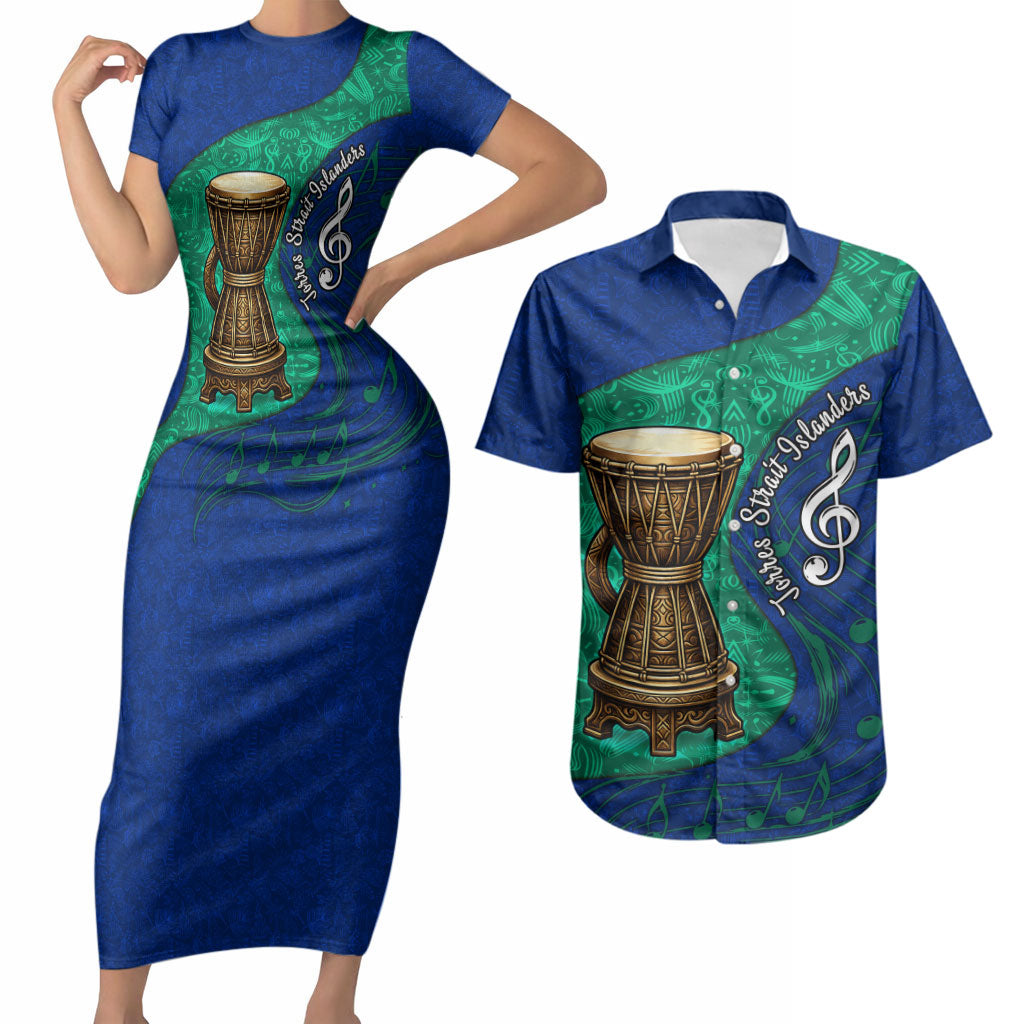 Torres Strait Islanders Fiery Wind Dance Drum Couples Matching Short Sleeve Bodycon Dress and Hawaiian Shirt Indigenous Australian Tribal Warrior Musical Culture Art