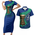 Torres Strait Islanders Fiery Wind Dance Drum Couples Matching Short Sleeve Bodycon Dress and Hawaiian Shirt Indigenous Australian Tribal Warrior Musical Culture Art