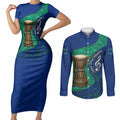 Torres Strait Islanders Fiery Wind Dance Drum Couples Matching Short Sleeve Bodycon Dress and Long Sleeve Button Shirt Indigenous Australian Tribal Warrior Musical Culture Art