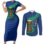 Torres Strait Islanders Fiery Wind Dance Drum Couples Matching Short Sleeve Bodycon Dress and Long Sleeve Button Shirt Indigenous Australian Tribal Warrior Musical Culture Art