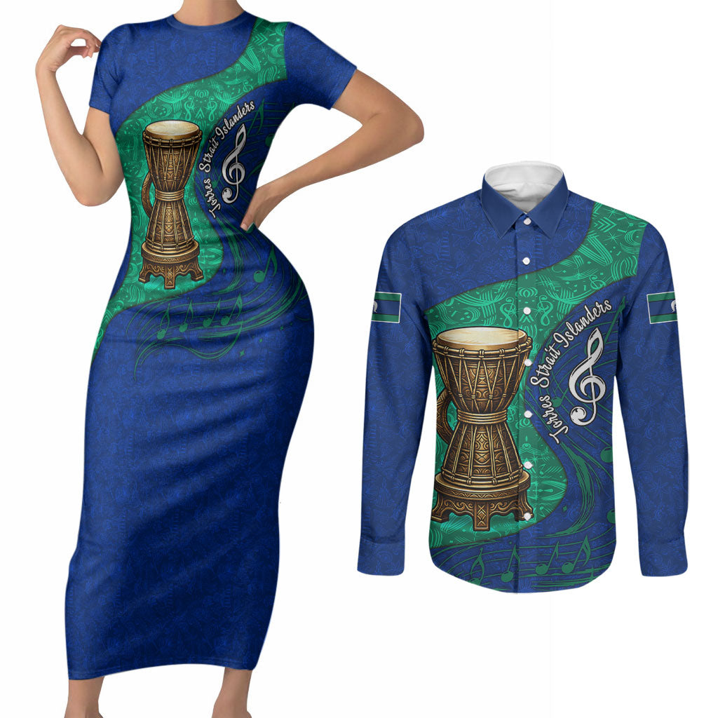 Torres Strait Islanders Fiery Wind Dance Drum Couples Matching Short Sleeve Bodycon Dress and Long Sleeve Button Shirt Indigenous Australian Tribal Warrior Musical Culture Art