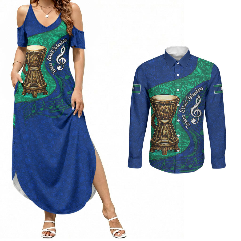 Torres Strait Islanders Fiery Wind Dance Drum Couples Matching Summer Maxi Dress and Long Sleeve Button Shirt Indigenous Australian Tribal Warrior Musical Culture Art
