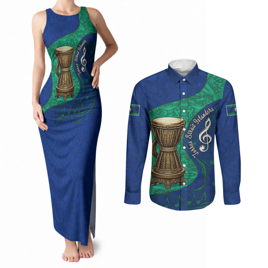 Torres Strait Islanders Fiery Wind Dance Drum Couples Matching Tank Maxi Dress and Long Sleeve Button Shirt Indigenous Australian Tribal Warrior Musical Culture Art