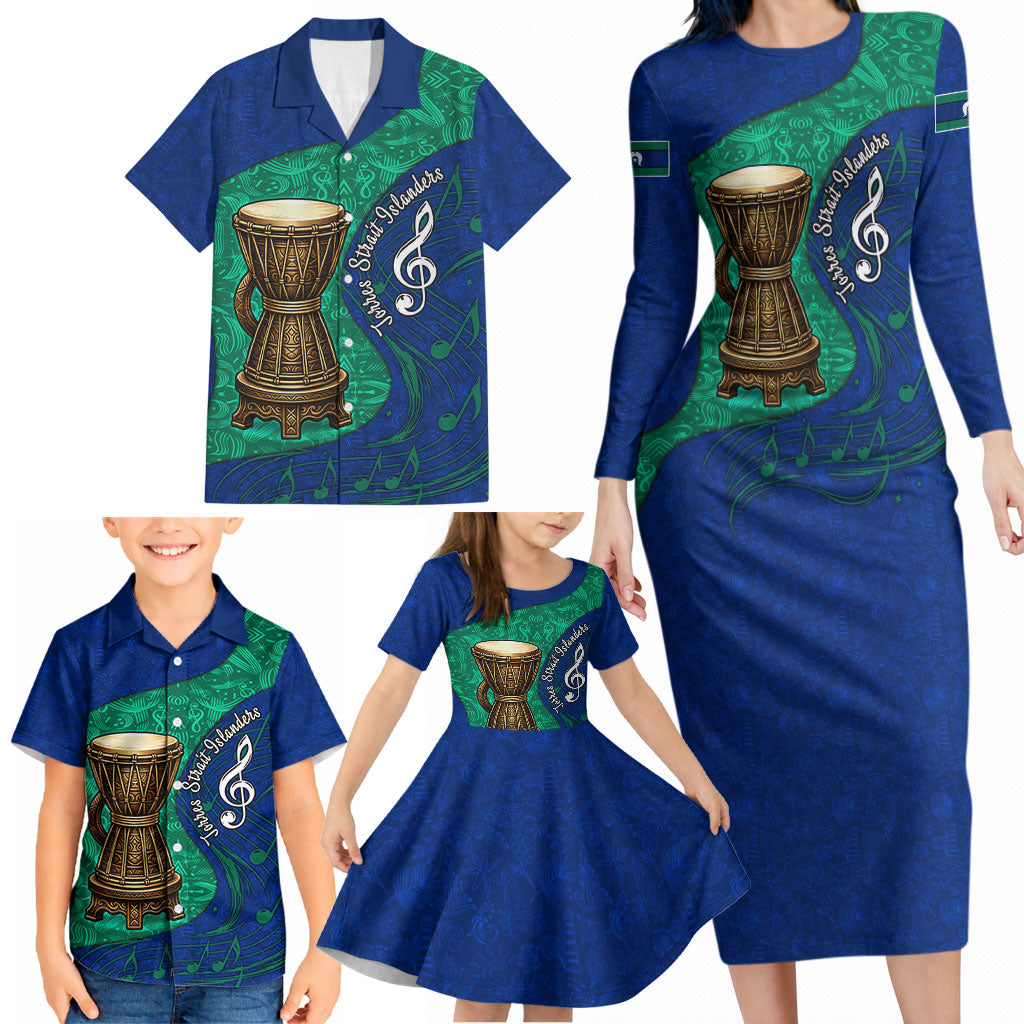 Torres Strait Islanders Fiery Wind Dance Drum Family Matching Long Sleeve Bodycon Dress and Hawaiian Shirt Indigenous Australian Tribal Warrior Musical Culture Art