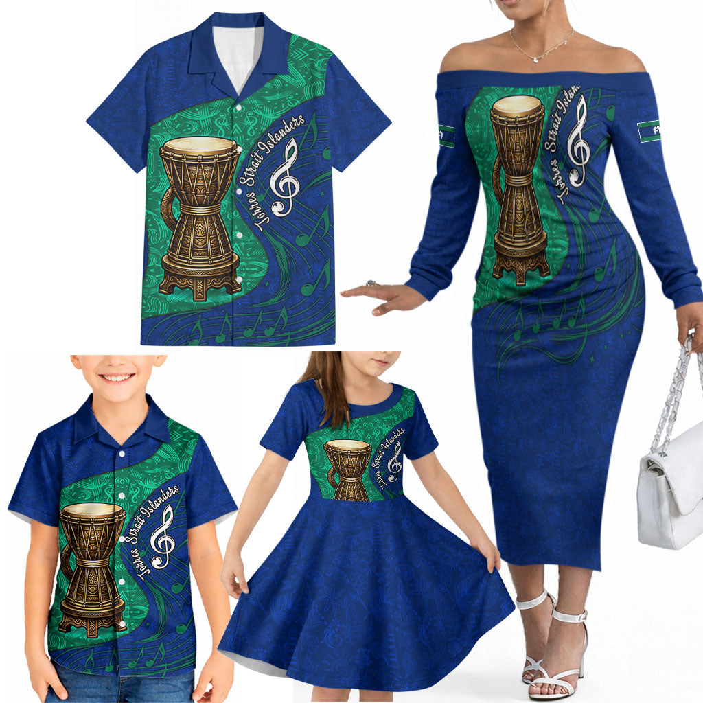Torres Strait Islanders Fiery Wind Dance Drum Family Matching Off The Shoulder Long Sleeve Dress and Hawaiian Shirt Indigenous Australian Tribal Warrior Musical Culture Art