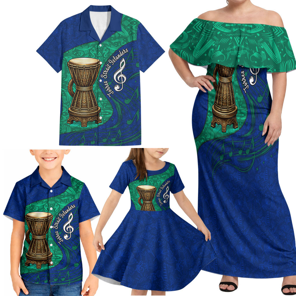 Torres Strait Islanders Fiery Wind Dance Drum Family Matching Off Shoulder Maxi Dress and Hawaiian Shirt Indigenous Australian Tribal Warrior Musical Culture Art