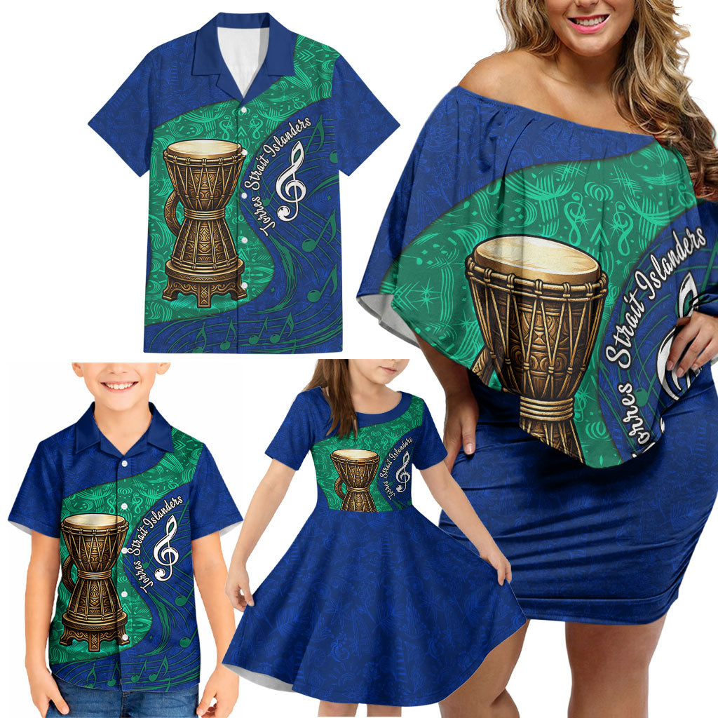 Torres Strait Islanders Fiery Wind Dance Drum Family Matching Off Shoulder Short Dress and Hawaiian Shirt Indigenous Australian Tribal Warrior Musical Culture Art