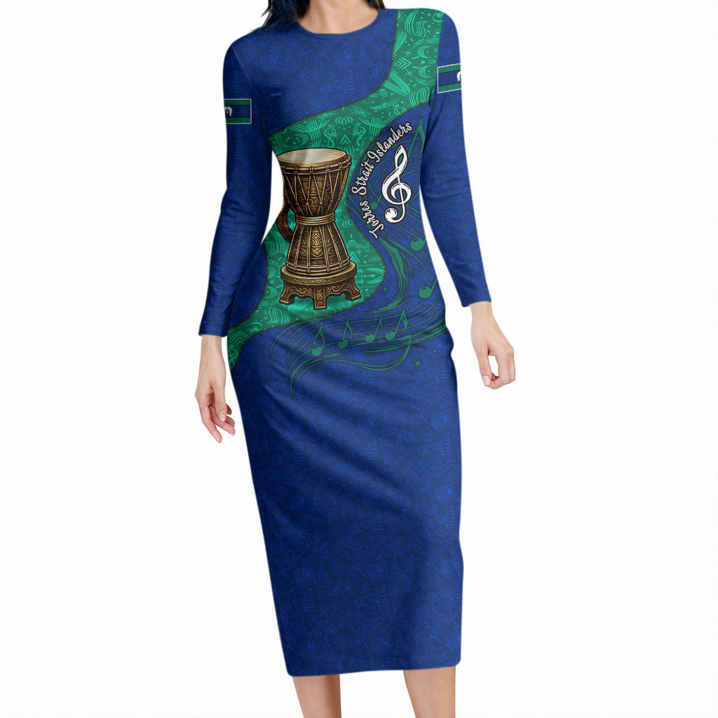 Torres Strait Islanders Fiery Wind Dance Drum Long Sleeve Bodycon Dress Indigenous Australian Tribal Warrior Musical Culture Art