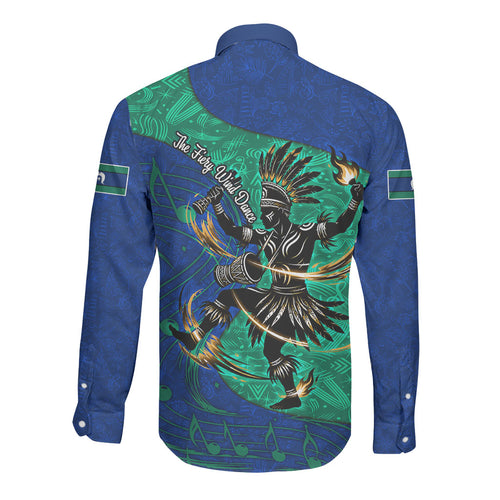 Torres Strait Islanders Fiery Wind Dance Drum Long Sleeve Button Shirt Indigenous Australian Tribal Warrior Musical Culture Art