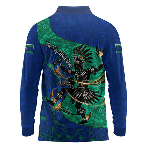 Torres Strait Islanders Fiery Wind Dance Drum Long Sleeve Polo Shirt Indigenous Australian Tribal Warrior Musical Culture Art