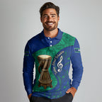 Torres Strait Islanders Fiery Wind Dance Drum Long Sleeve Polo Shirt Indigenous Australian Tribal Warrior Musical Culture Art