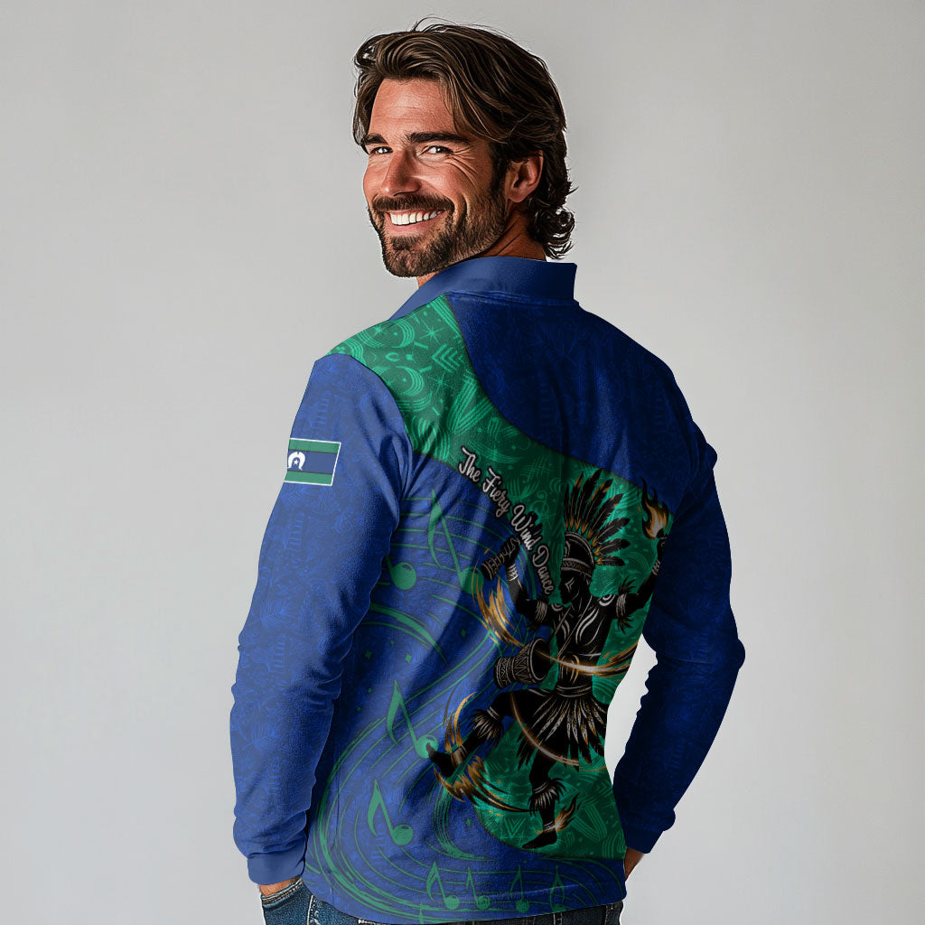 Torres Strait Islanders Fiery Wind Dance Drum Long Sleeve Polo Shirt Indigenous Australian Tribal Warrior Musical Culture Art