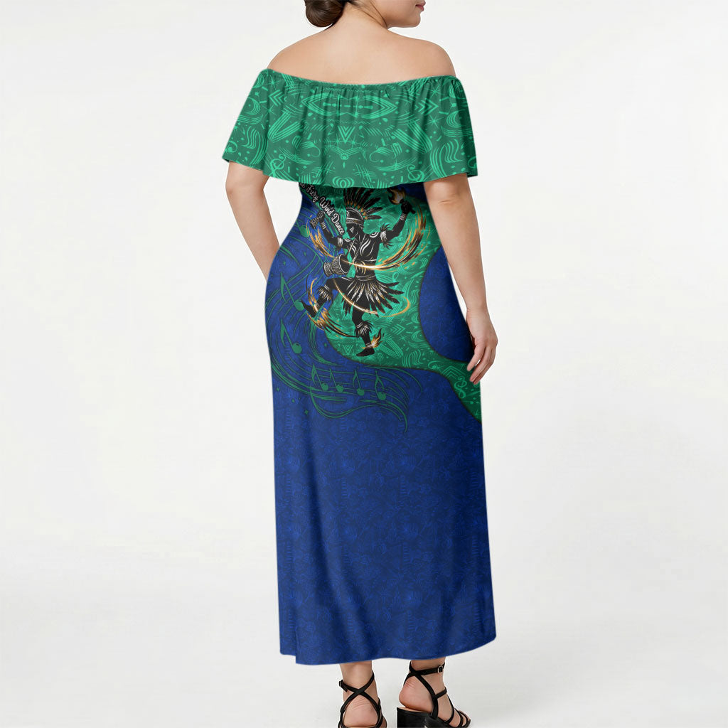 Torres Strait Islanders Fiery Wind Dance Drum Off Shoulder Maxi Dress Indigenous Australian Tribal Warrior Musical Culture Art