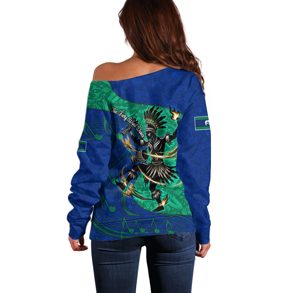Torres Strait Islanders Fiery Wind Dance Drum Off Shoulder Sweater Indigenous Australian Tribal Warrior Musical Culture Art