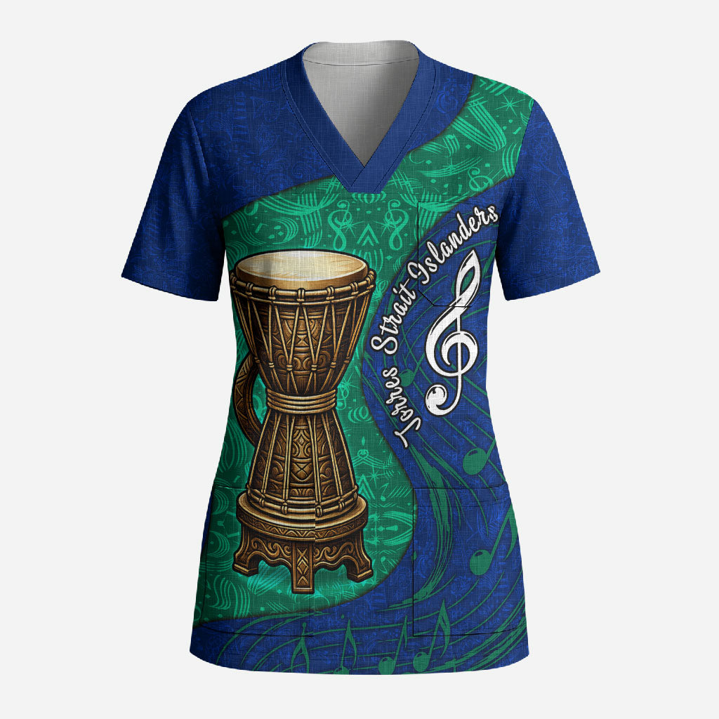 Torres Strait Islanders Fiery Wind Dance Drum Scrub Top Indigenous Australian Tribal Warrior Musical Culture Art