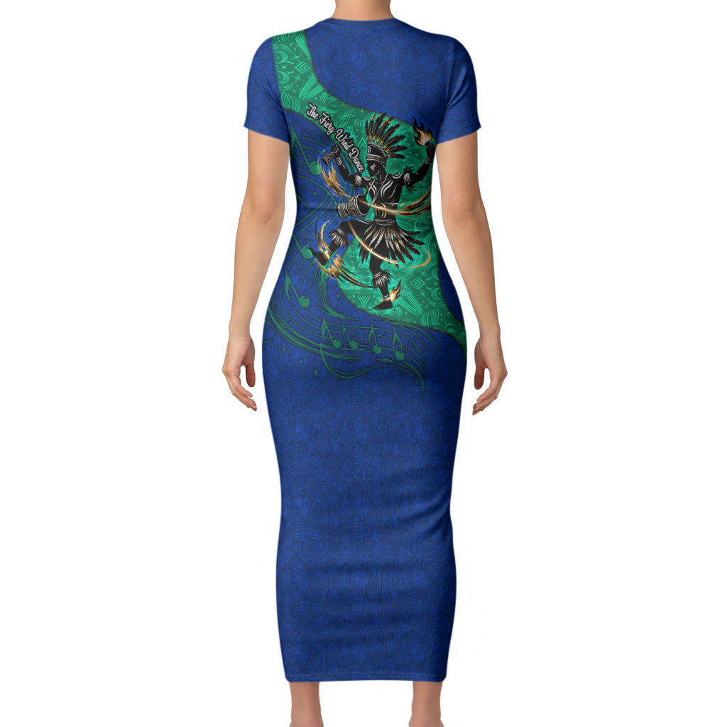 Torres Strait Islanders Fiery Wind Dance Drum Short Sleeve Bodycon Dress Indigenous Australian Tribal Warrior Musical Culture Art