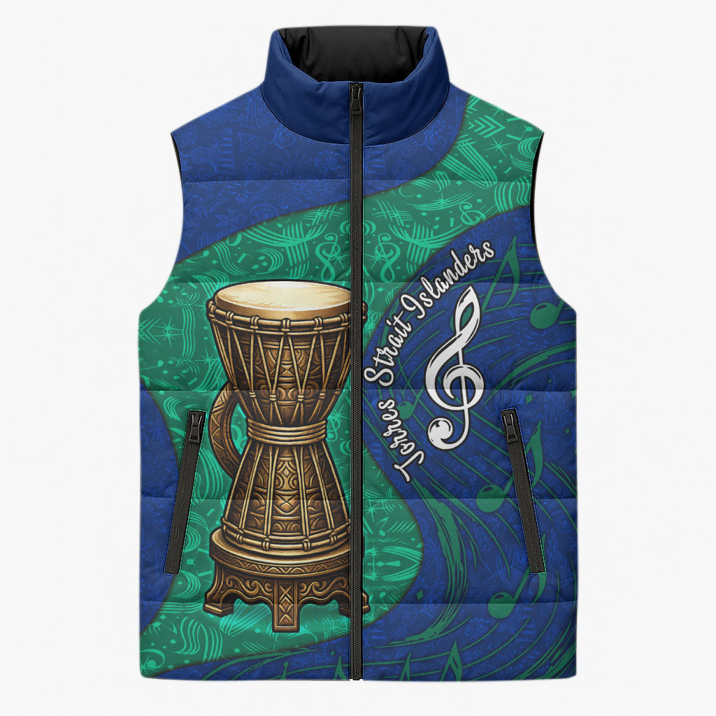 Torres Strait Islanders Fiery Wind Dance Drum Sleeveless Puffer Jacket Indigenous Australian Tribal Warrior Musical Culture Art
