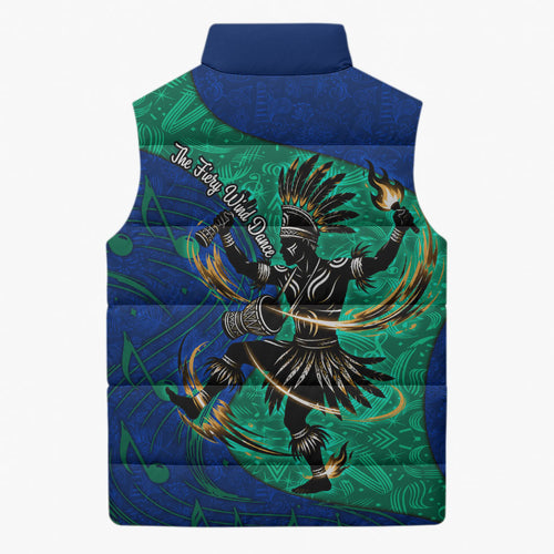 Torres Strait Islanders Fiery Wind Dance Drum Sleeveless Puffer Jacket Indigenous Australian Tribal Warrior Musical Culture Art